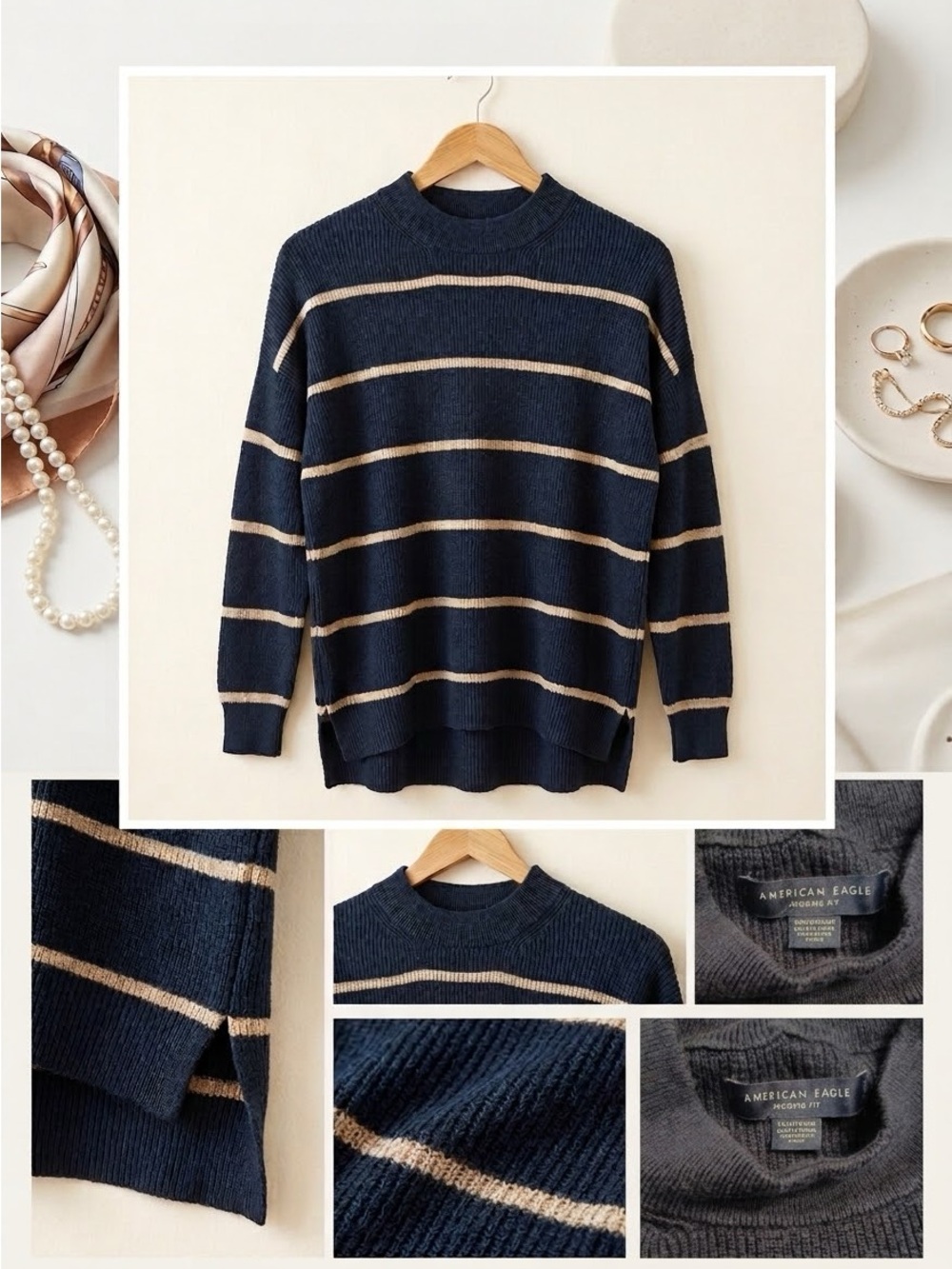 American Eagle Outfitters Navy and Cream Striped Crewneck Pullover